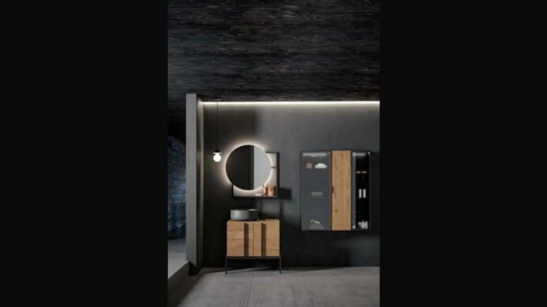 Mobile da Bagno a terra Sidéro 05 in essenza rovere naturale e metallo nero di Birex