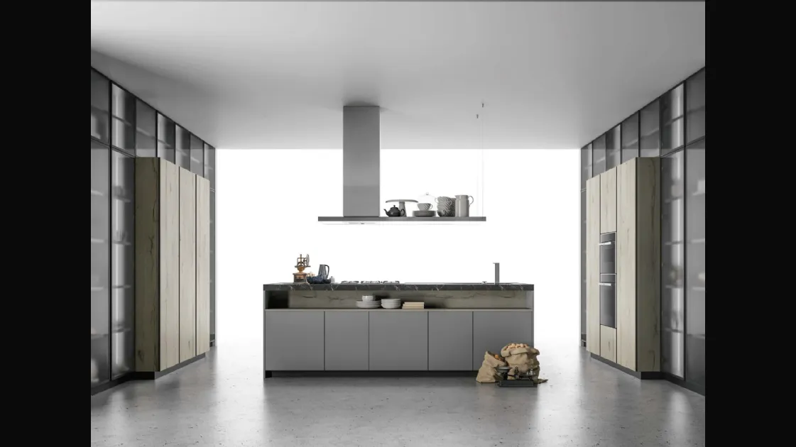 Cucina Design Aspen in Rovere nodato e Vetro grigio di Doimo Cucine